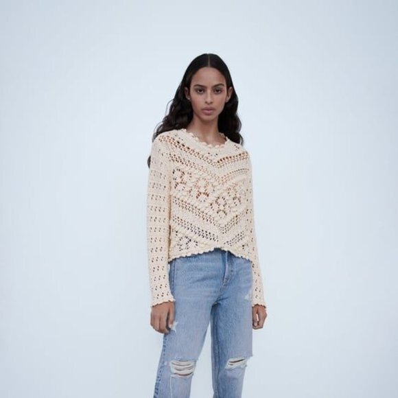 Cream Zara Textured Crochet Knit Long Sleeve Sweater (NWT) - Picture 5 of 5